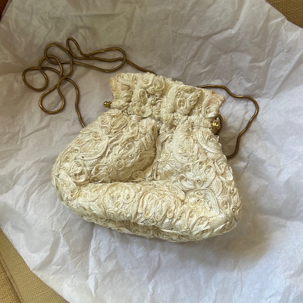 Vintage Lace and Pearl Wedding Bag with Gold Chain